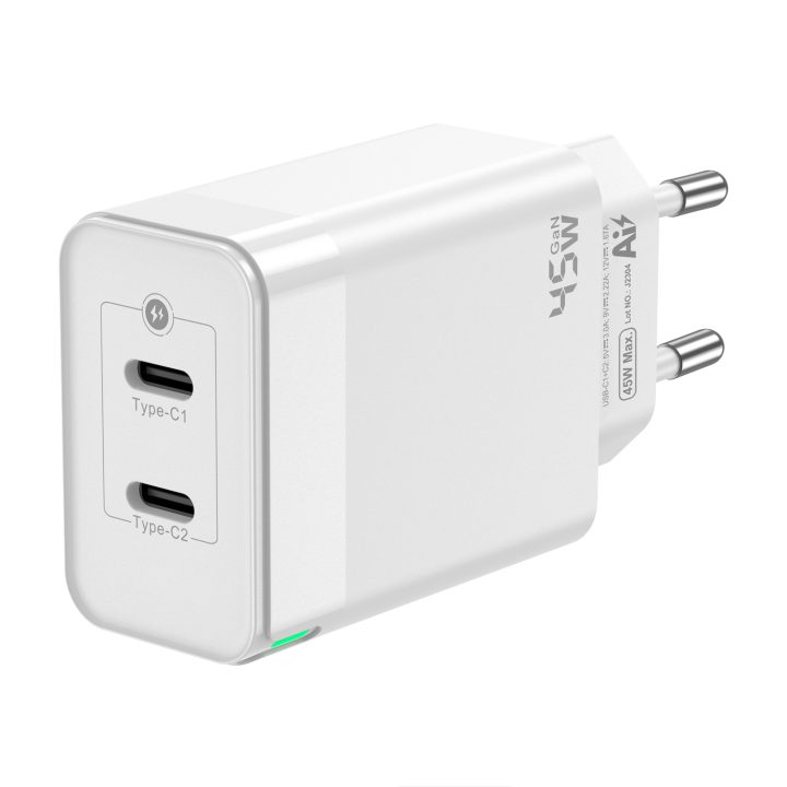 AISENS 45W GaN Charger, 2xUSB-C PD3.0 QC4.0, White