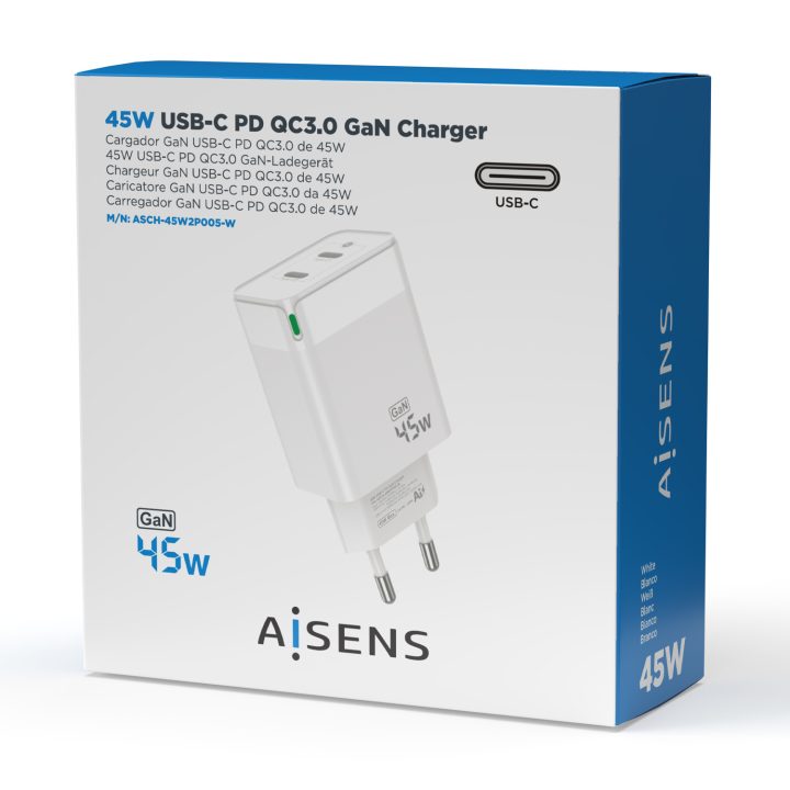 AISENS Carregador Gan 45W, 2xUSB-C PD3.0 QC4.0, Branco