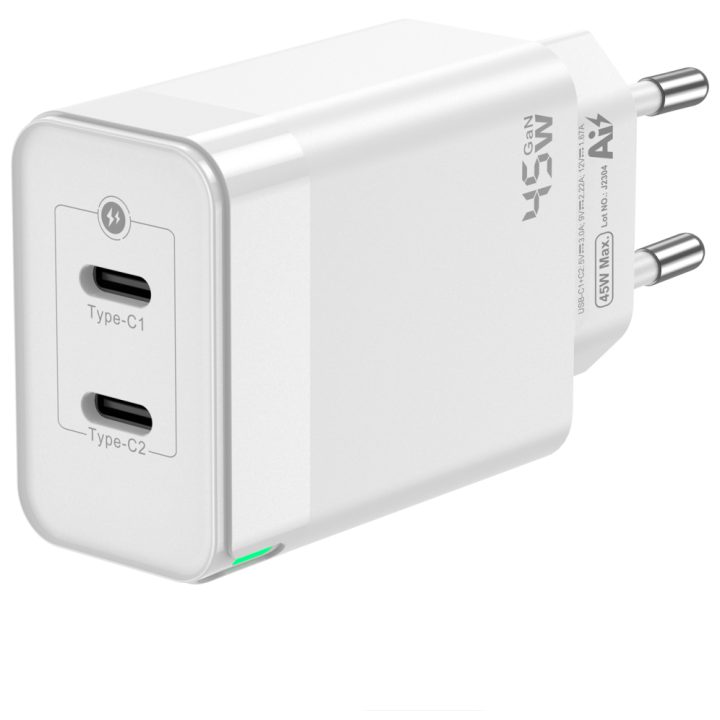 AISENS 45W GaN Charger, 2xUSB-C PD3.0 QC4.0, White