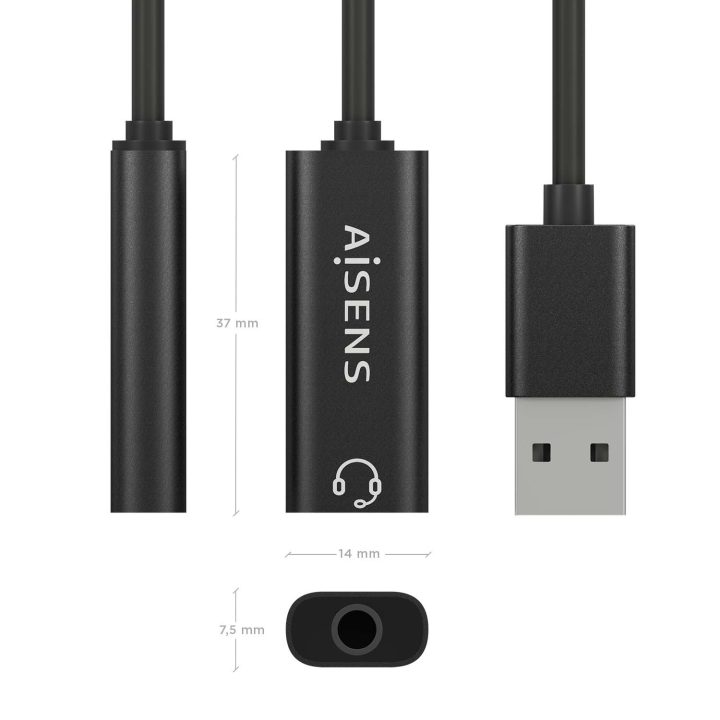 AISENS USB-A to Audio 48KHz Converter, USB-A/M-Jack 3.5/H, Black, 10…