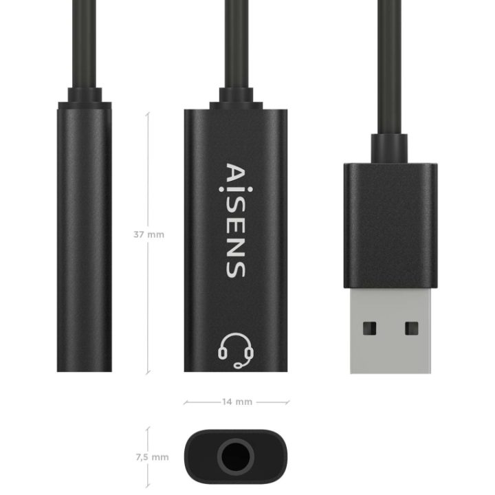 AISENS Conversor USB-A a Audio 48KHz, USB-A/M-Jack 3.5/H, Negro, 10 cm