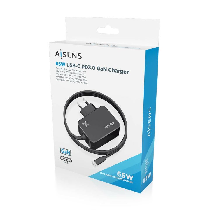 AISENS GaN 65W PD3.0 Charger 1xUSB-C 1.8m, Black