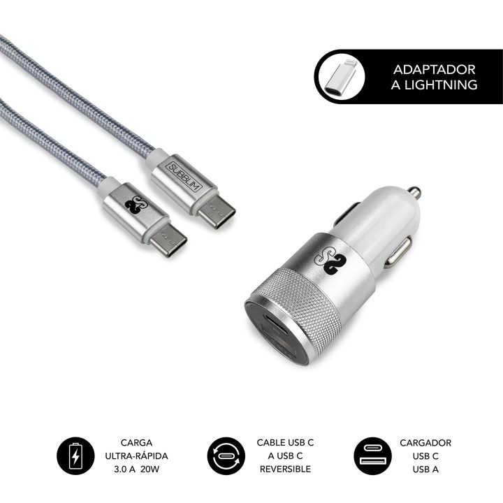 Subblim Dual Car Charger PD20W+qc3.0+c to c/Lightning s…
