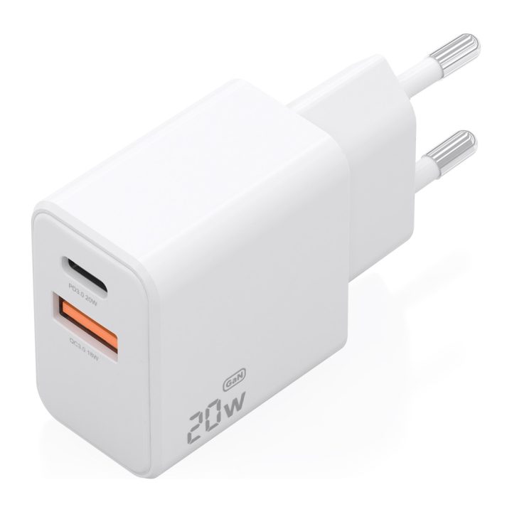 AISENS GaN Charger 20W, 1xUSB-C PD3.0, 1xUSB-A QC3.0, White