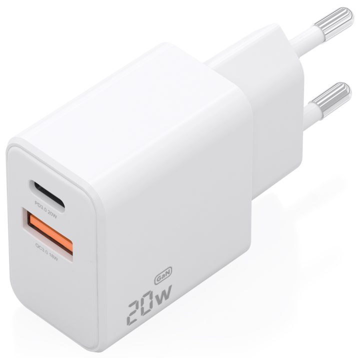 AISENS GaN Charger 20W, 1xUSB-C PD3.0, 1xUSB-A QC3.0, White