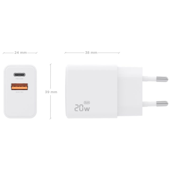 AISENS Cargador GaN 20W, 1xUSB-C PD3.0, 1xUSB-A QC3.0, Blanco