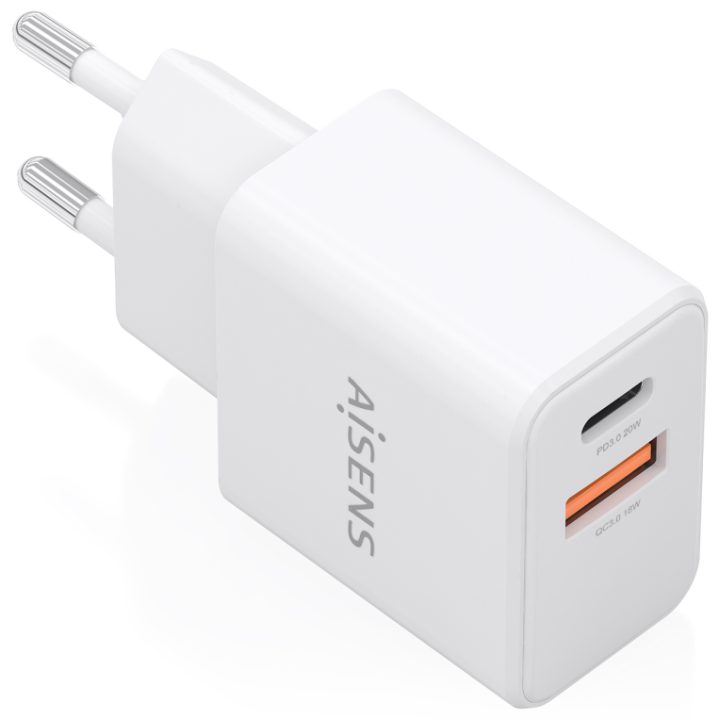 AISENS GaN Charger 20W, 1xUSB-C PD3.0, 1xUSB-A QC3.0, White