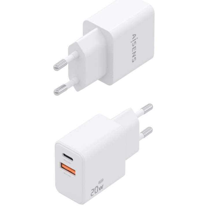 AISENS Carregador GaN 20W, 1xUSB-C PD3.0, 1xUSB-A QC3.0, Branco