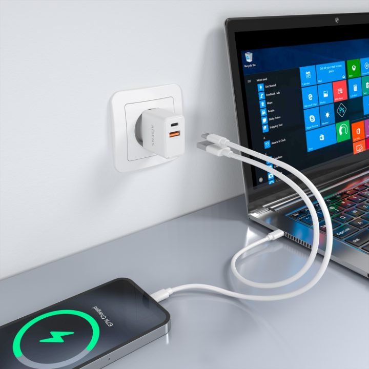 AISENS GaN Charger 20W, 1xUSB-C PD3.0, 1xUSB-A QC3.0, White