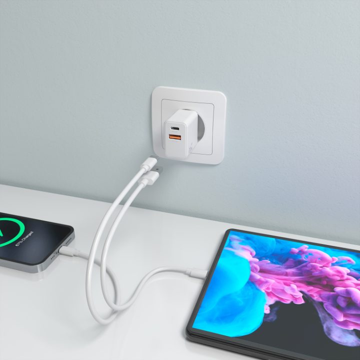 AISENS GaN Charger 20W, 1xUSB-C PD3.0, 1xUSB-A QC3.0, White