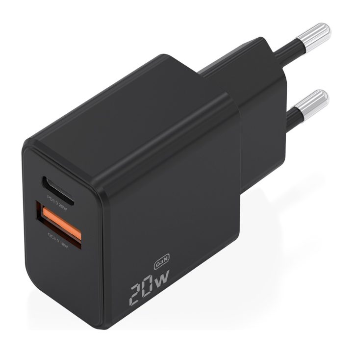 AISENS GaN Charger 20W, 1xUSB-C PD3.0, 1xUSB-A QC3.0, White