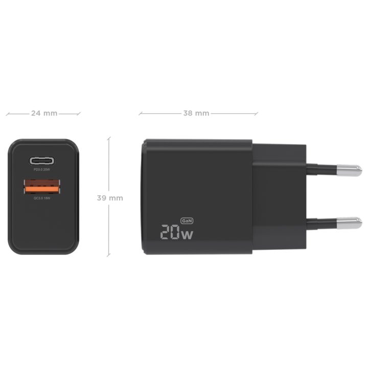 AISENS GaN Charger 20W, 1xUSB-C PD3.0, 1xUSB-A QC3.0, White