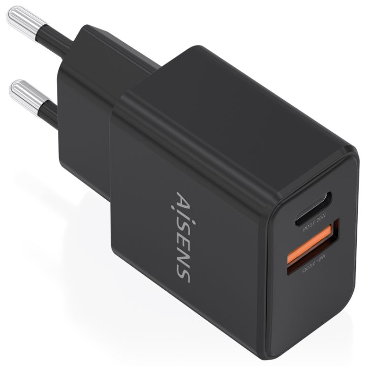 AISENS Cargador GaN 20W, 1xUSB-C PD3.0, 1xUSB-A QC3.0, Blanco