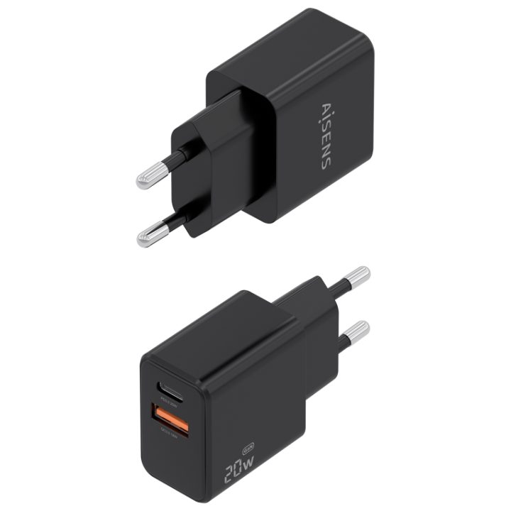 AISENS GaN Charger 20W, 1xUSB-C PD3.0, 1xUSB-A QC3.0, White