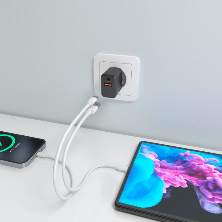 AISENS Cargador GaN 20W, 1xUSB-C PD3.0, 1xUSB-A QC3.0, Blanco