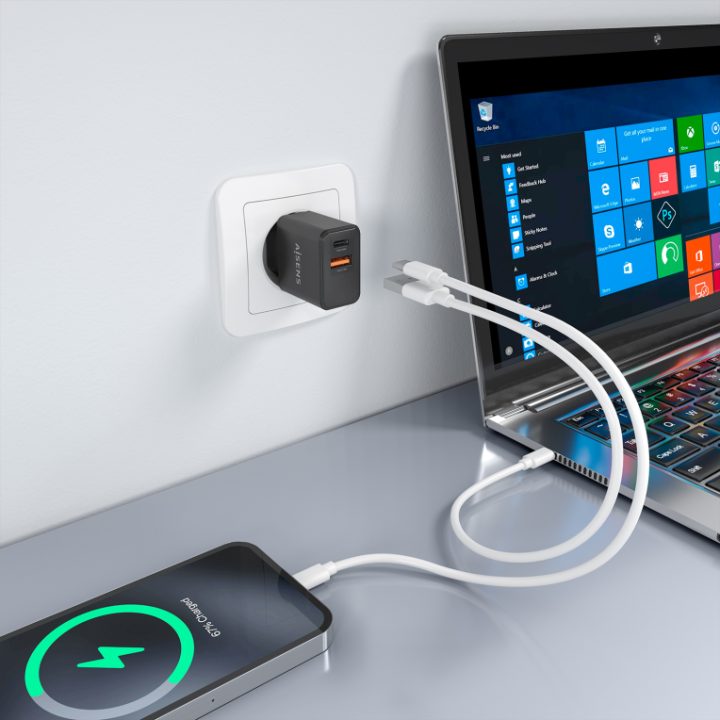 AISENS Cargador GaN 20W, 1xUSB-C PD3.0, 1xUSB-A QC3.0, Blanco