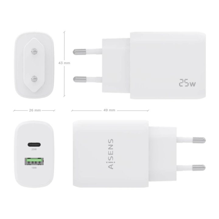 AISENS Cargador 25W, 1xUSB-C PD3.0, 1xUSB-A QC3.0, Blanco
