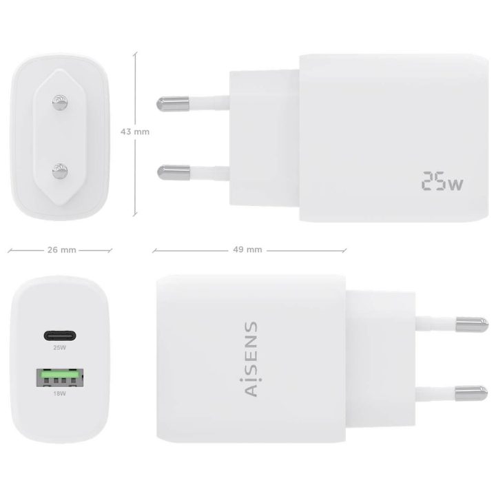 AISENS 25W Charger, 1xUSB-C PD3.0, 1xUSB-A QC3.0, White