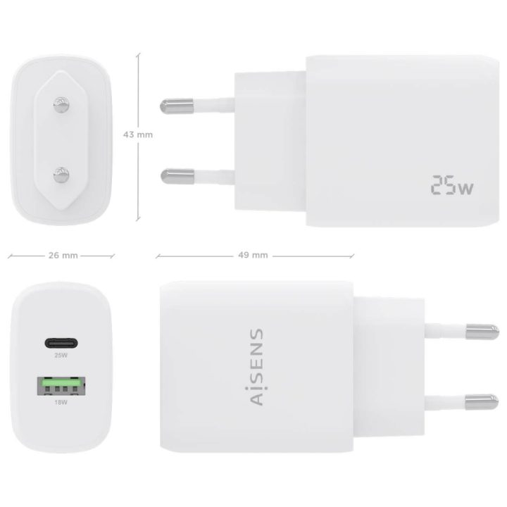 AISENS Carregador 25W, 1xUSB-C PD3.0, 1xUSB-A QC3.0, Branco