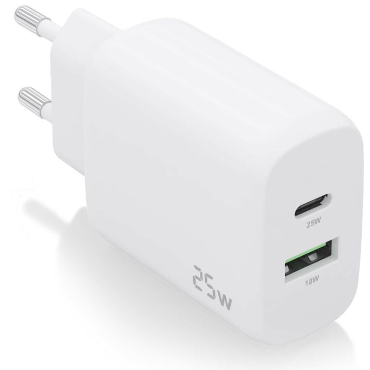 AISENS 25W Charger, 1xUSB-C PD3.0, 1xUSB-A QC3.0, White