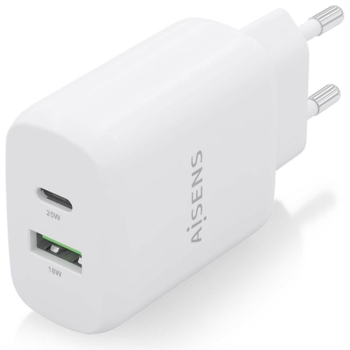 AISENS Carregador 25W, 1xUSB-C PD3.0, 1xUSB-A QC3.0, Branco