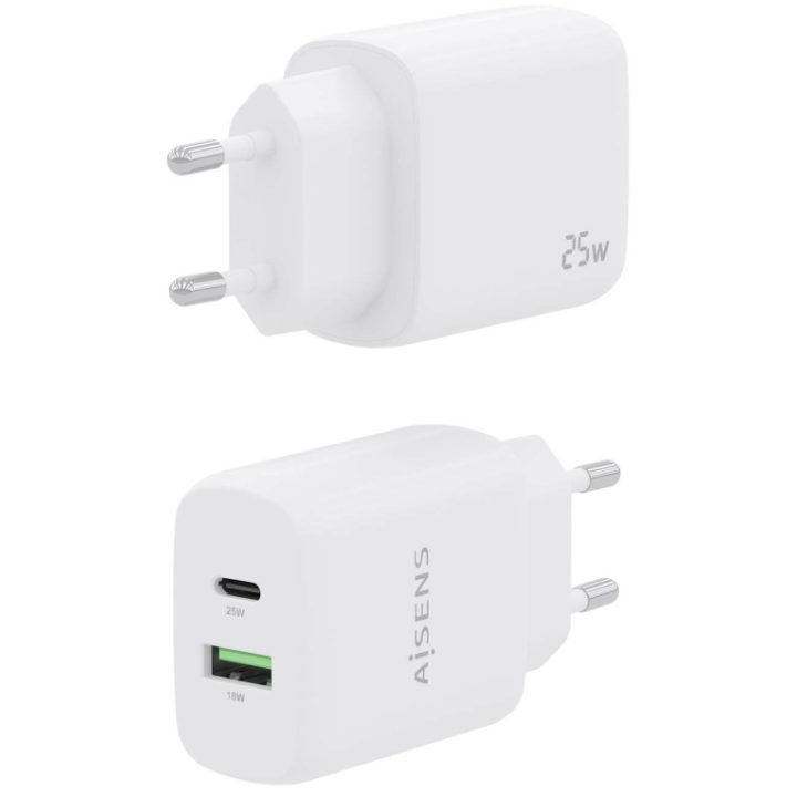 AISENS Cargador 25W, 1xUSB-C PD3.0, 1xUSB-A QC3.0, Blanco