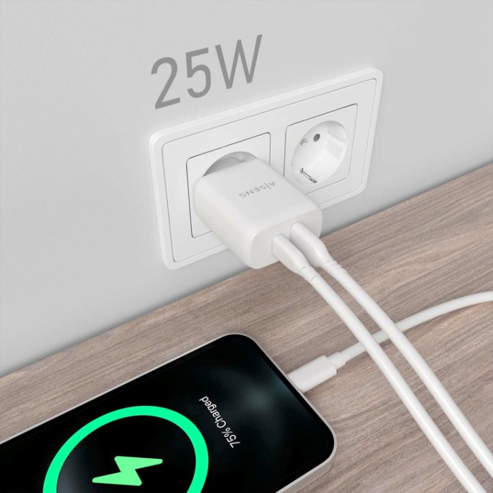 AISENS 25W Charger, 1xUSB-C PD3.0, 1xUSB-A QC3.0, White