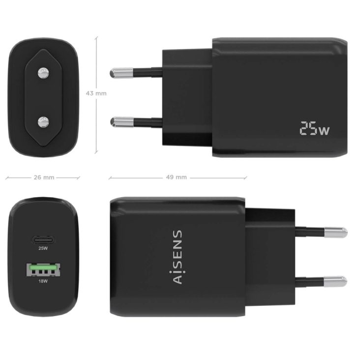 AISENS 25W Charger, 1xUSB-C PD3.0, 1xUSB-A QC3.0, White