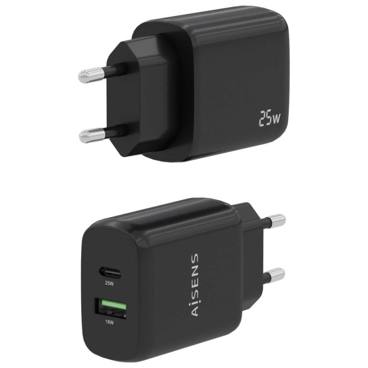 AISENS 25W Charger, 1xUSB-C PD3.0, 1xUSB-A QC3.0, White