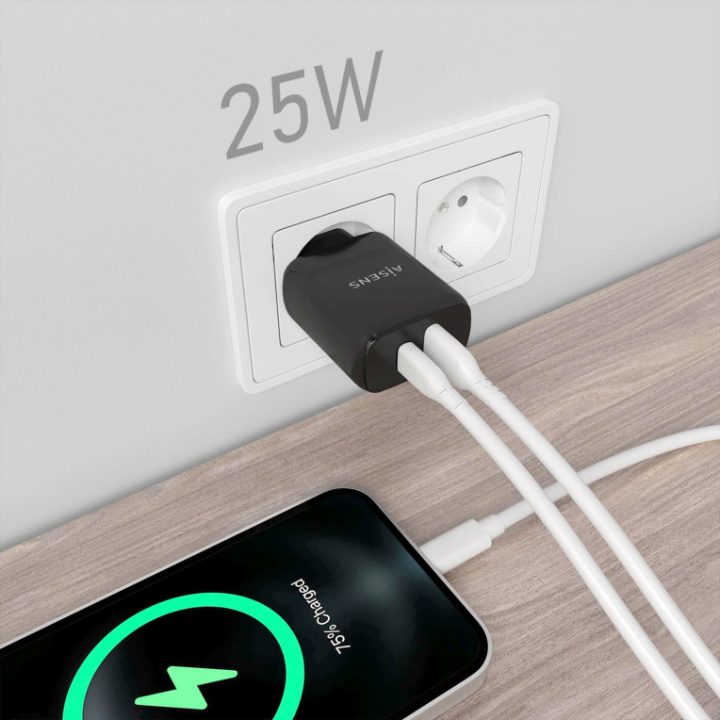 AISENS Cargador 25W, 1xUSB-C PD3.0, 1xUSB-A QC3.0, Blanco