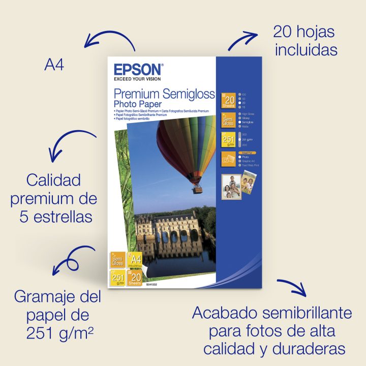 Epson Papel fotográfico semibrilhante Premium A4, 251 g/m2, 20 folhas