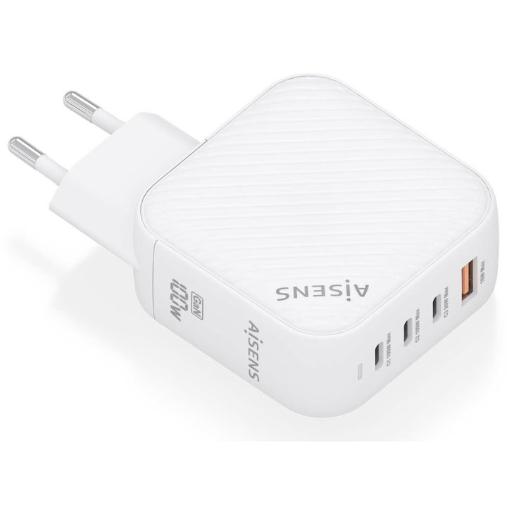 AISENS GaN Charger 100W, 3xUSB-C PD3.0 QC4.0, 1xUSB-A QC3.0, White