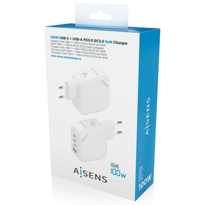 AISENS Cargador GaN 100W, 3xUSB-C PD3.0 QC4.0, 1xUSB-A QC3.0, Blanco