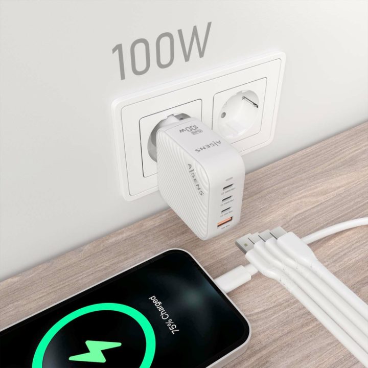 AISENS GaN Charger 100W, 3xUSB-C PD3.0 QC4.0, 1xUSB-A QC3.0, White