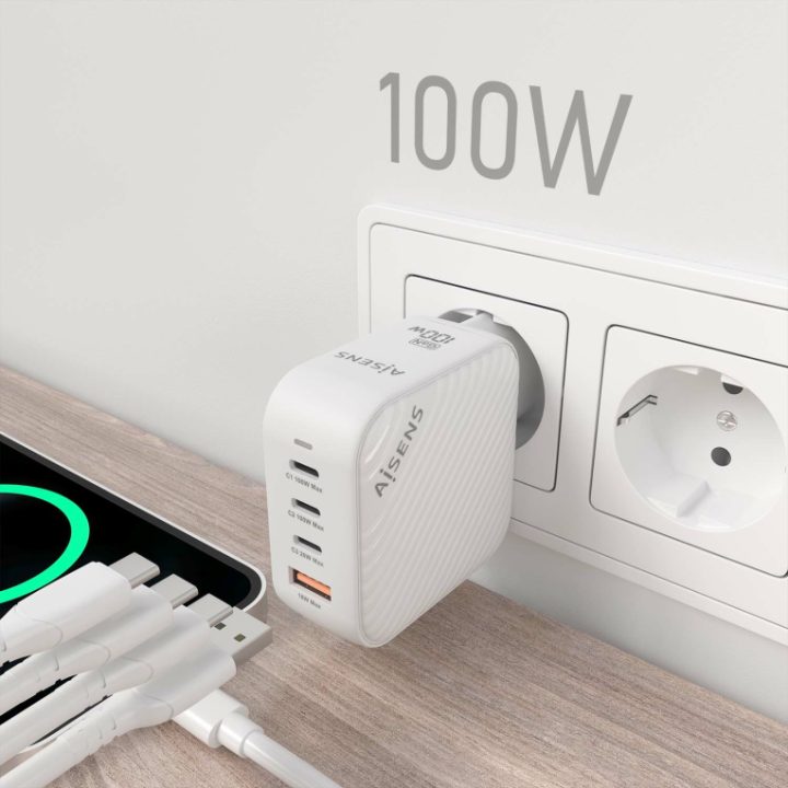AISENS Carregador GaN 100W, 3xUSB-C PD3.0 QC4.0, 1xUSB-A QC3.0, Branco
