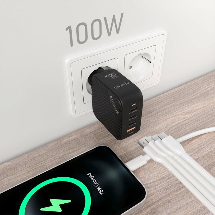 AISENS GaN Charger 100W, 3xUSB-C PD3.0 QC4.0, 1xUSB-A QC3.0, White