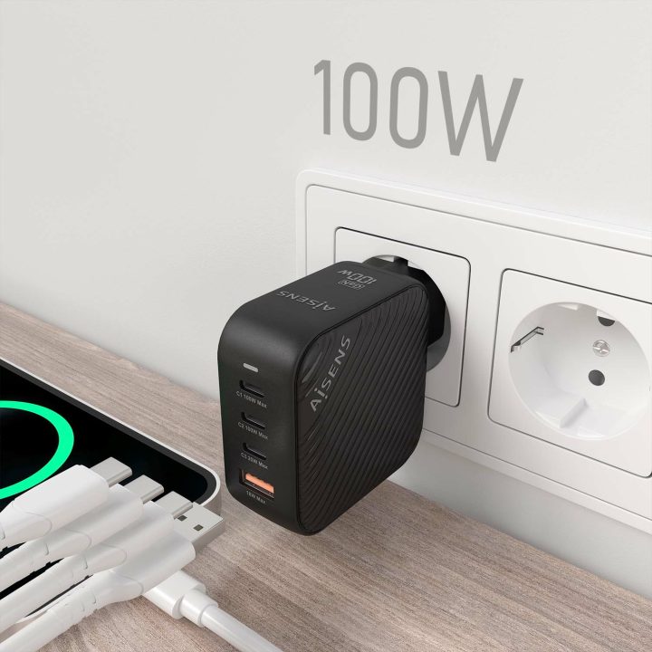 AISENS Cargador GaN 100W, 3xUSB-C PD3.0 QC4.0, 1xUSB-A QC3.0, Blanco