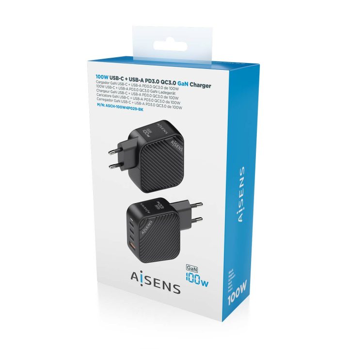 AISENS GaN Charger 100W, 3xUSB-C PD3.0 QC4.0, 1xUSB-A QC3.0, White