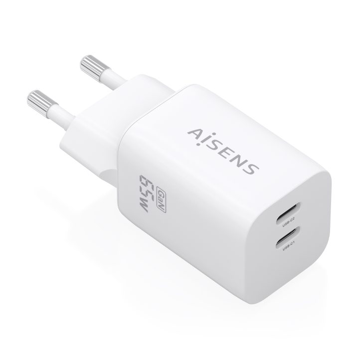 AISENS 65W GaN Charger, 2xUSB-C PD3.0 QC4.0, White