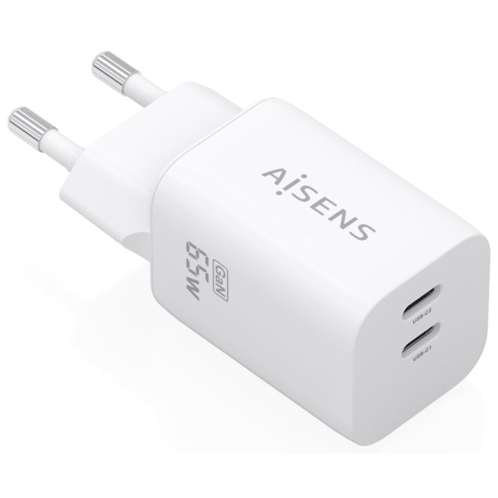 AISENS 65W GaN Charger, 2xUSB-C PD3.0 QC4.0, White