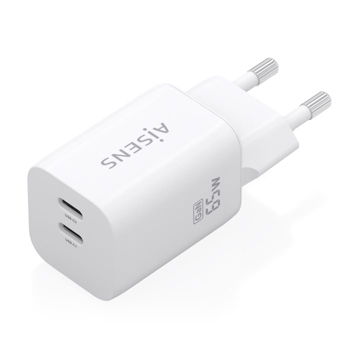 AISENS 65W GaN Charger, 2xUSB-C PD3.0 QC4.0, White