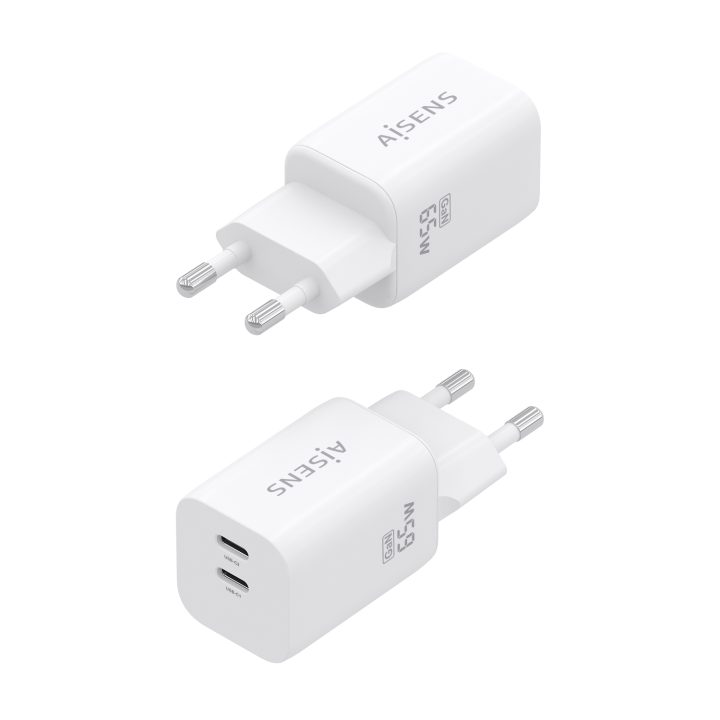 AISENS 65W GaN Charger, 2xUSB-C PD3.0 QC4.0, White