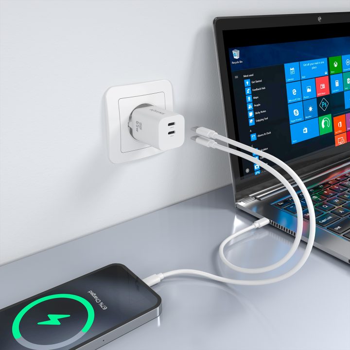 AISENS Carregador GaN 65W, 2xUSB-C PD3.0 QC4.0, Branco
