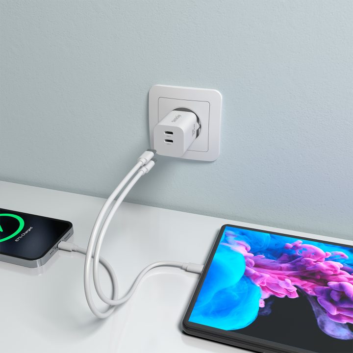 AISENS Carregador GaN 65W, 2xUSB-C PD3.0 QC4.0, Branco