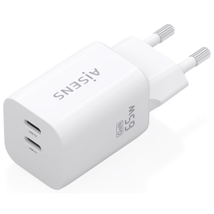 AISENS 65W GaN Charger, 2xUSB-C PD3.0 QC4.0, White