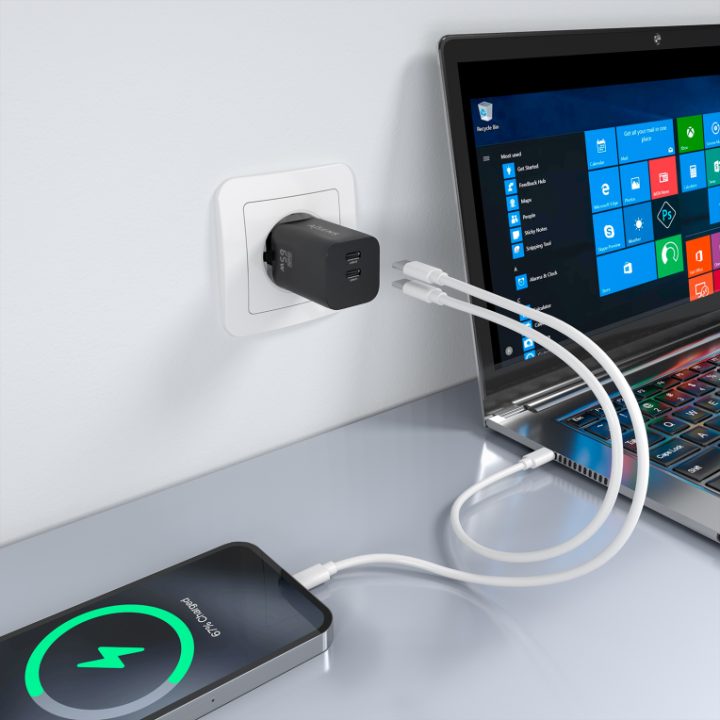 AISENS 65W GaN Charger, 2xUSB-C PD3.0 QC4.0, White
