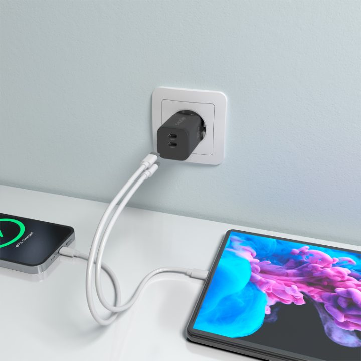AISENS Carregador GaN 65W, 2xUSB-C PD3.0 QC4.0, Branco
