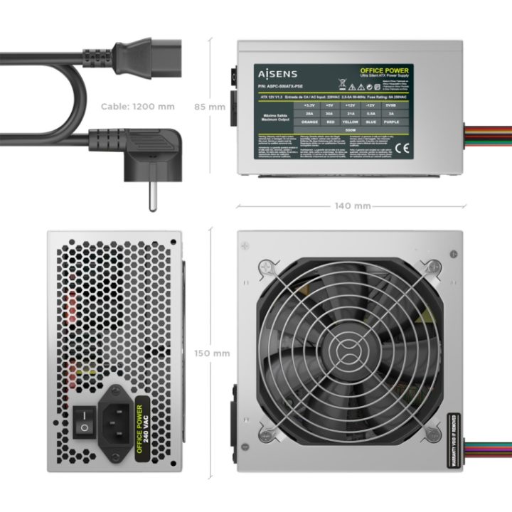 AISENS ATX 500W Power Supply with OEM Power Cable, Black
