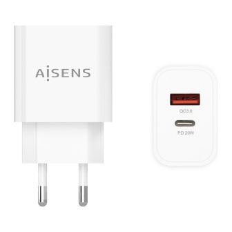 AISENS 20W Charger, 1xUSB-C PD3.0, 1xUSB-A QC3.0, White