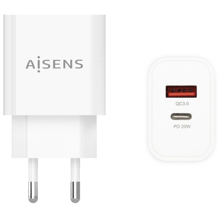 AISENS Cargador 20W, 1xUSB-C PD3.0, 1xUSB-A QC3.0, Blanco